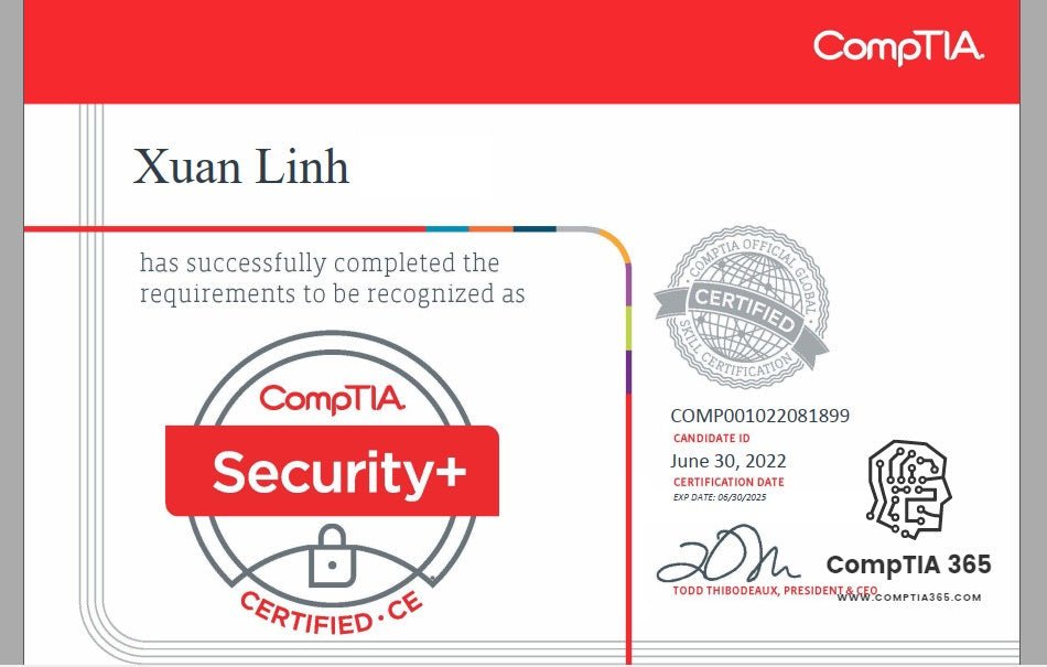 Xuan Linh passed Comptia Security + : Promote in Career and Earn Double Salary - CMO E-Learning Center